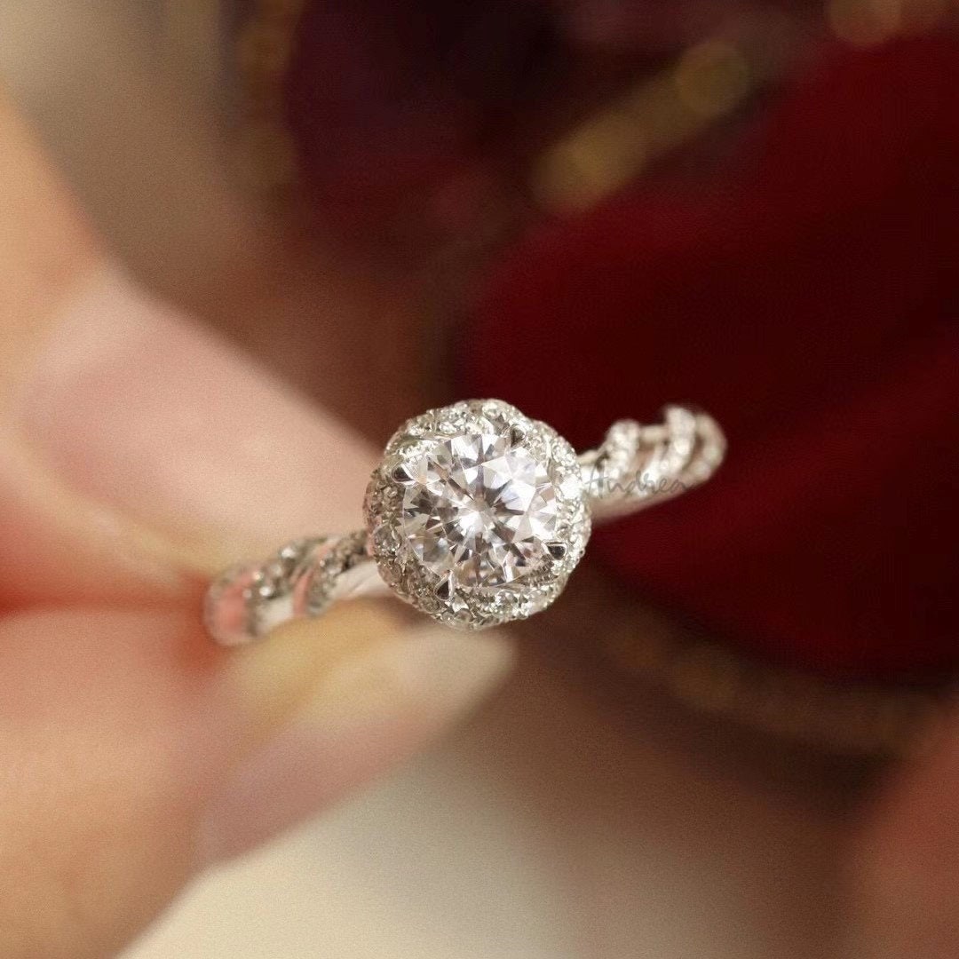 Moissanite Flower Engagement Ring Twisted Diamond Wedding Etsy