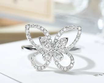 Anillos de compromiso de diamantes de mariposa, joyería de mariposa linda, anillo de boda, diseños de anillo de diamantes de platino, anillos de oro blanco Moissanite