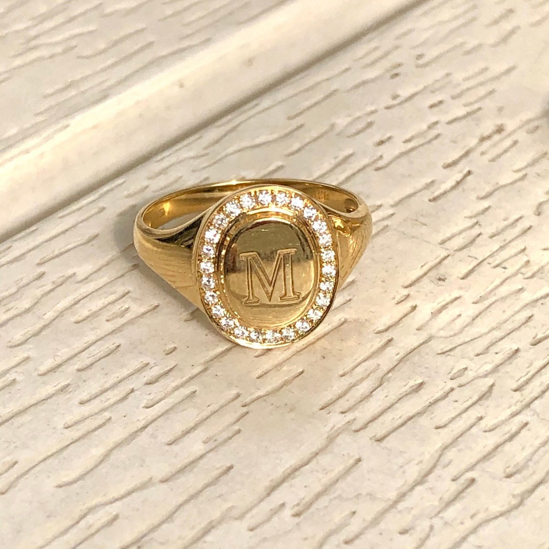 14k Initial Signet Ring, A Letter Diamond Ring, Custom Block Letter ...