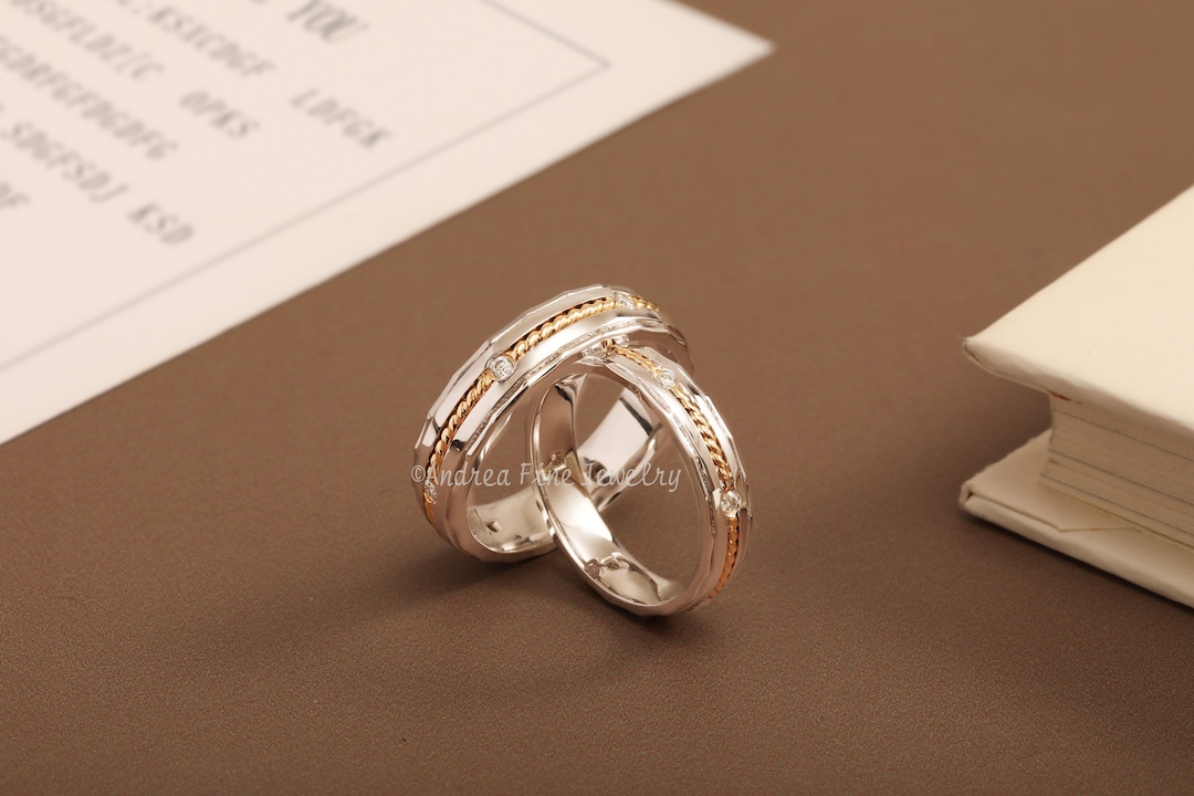 18k White Gold Two Colors Couple Rings Twisting Rope Design Diamond Anniversary Ring Simple Wedding Band Set Mens Ring Promise Ring Set Etsy