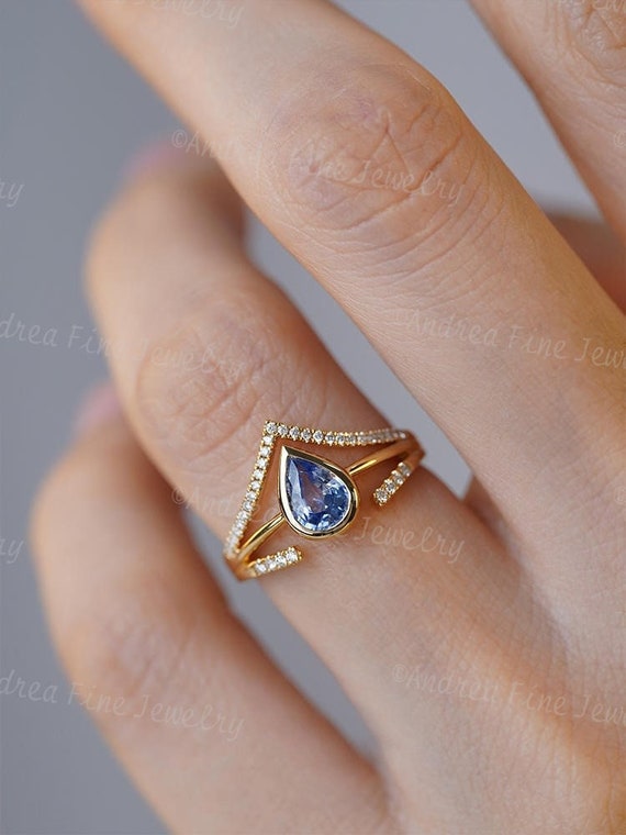 14k Gold 3 Piece in 1 Pear Shaped Blue Sapphire Ring Teardrop