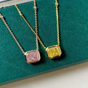 2 Carat Emerald Cut Pink Diamond Simulant Pendant Necklace, Rectangle Diamond Chain Necklace, Intense Pink Diamond Statement Piece Necklace