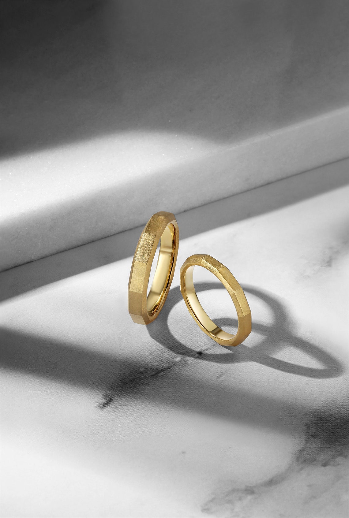 14k Solid Gold Frosted Matte 3d Polygon Couple Rings Set, Personalized ...
