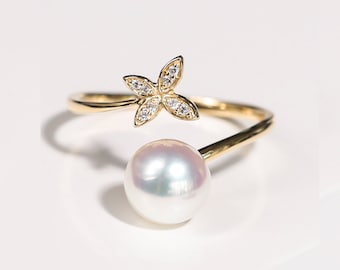 Akoya Pearl Rose Gold Butterfly Ring, Japan Pearl And Diamond Ring, Vintage Real Pearl Ring, Ivory Pearl, Pinkish Pearl, Dainty Promise Ring