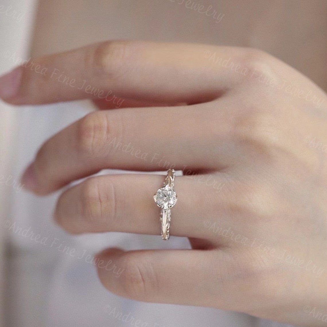 Simple Engagement Ring, Art Carved Wedding Bands, Unique Small Diamond ...