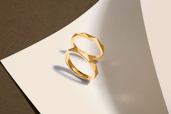 18k Solid Gold Multi Cutting Surface Rhombic Unisex Ring, Unique