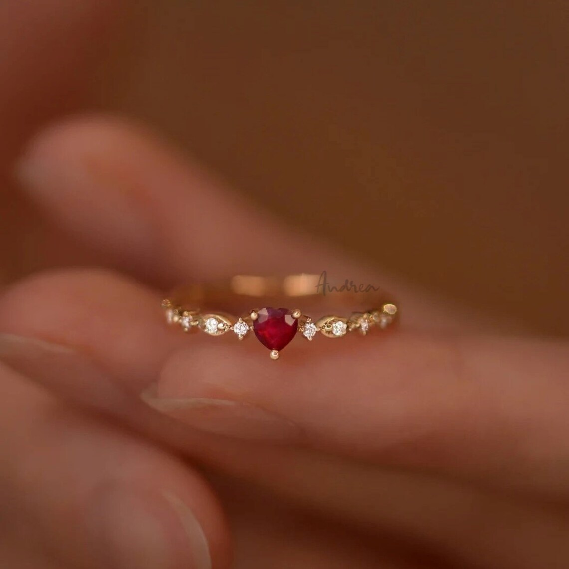 Vintage Heart Shaped Ruby Ring With Diamonds, Red Heart Ruby Engagement ...