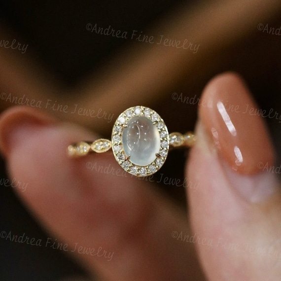 Oval Ice Jade Solitaire Halo Diamond Engagement Ring Translucent