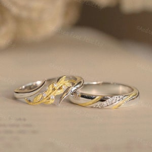 Olive Leaf Pair Rings For Couples, Matching Promise Rings, Two Tone Wedding Rings, His And Hers Ring Sets, Ring Of Leaves, Diamond Leaf Ring