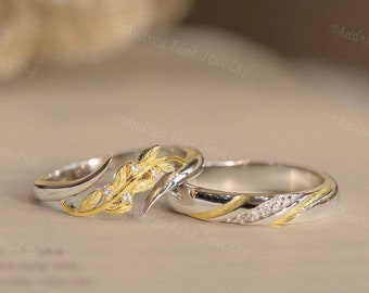 Olive Leaf Pair Rings For Couples, Matching Promise Rings, Two Tone Wedding Rings, His And Hers Ring Sets, Ring Of Leaves, Diamond Leaf Ring