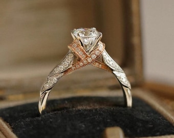 Unique Two Tone Moissanite Engagement Rings, 2 Colors Gold Diamond Rings, Two Tone Gold Rings, Brilliant Cut Round Moissanite Solitaire Ring