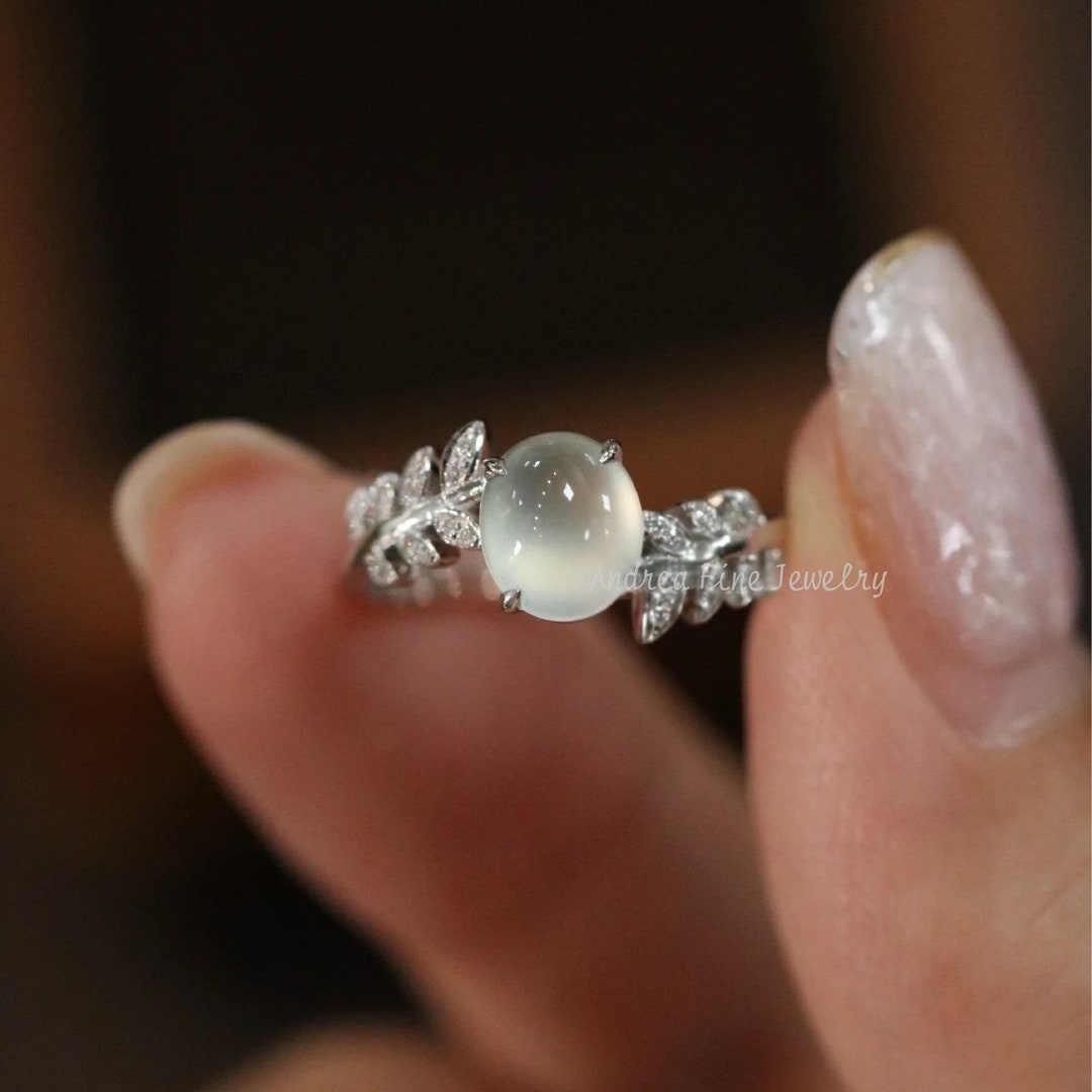 Icy Translucent Oval Jade Diamond Leaf Wedding Band, White Ice