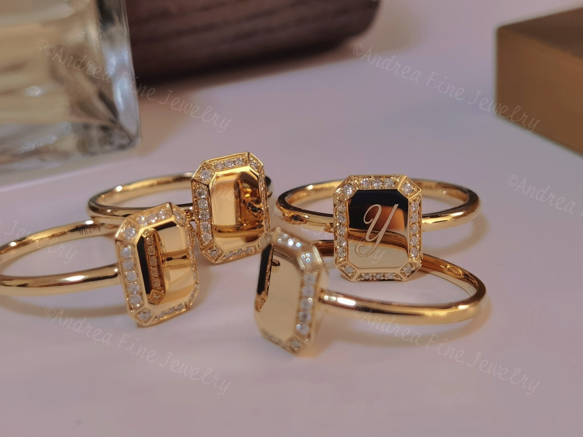 14k Cursive Initial Signet Ring Monogram Script Initial Ring | Etsy