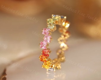 14k Gold Candy Color Rainbow Sapphire Ring, Square Sapphire Ombre Full Eternity Band, Colorful Gemstone Ring, Different Color Stones Rings