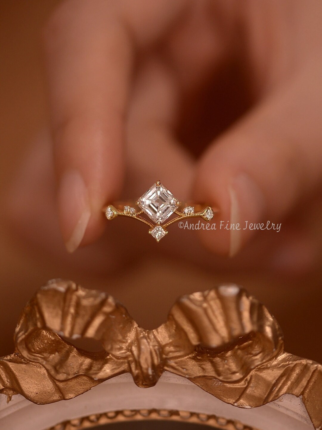 18k Gold 1ct Asscher Cut Moissanite Chevron Ring, Vintage Gold Stacking ...
