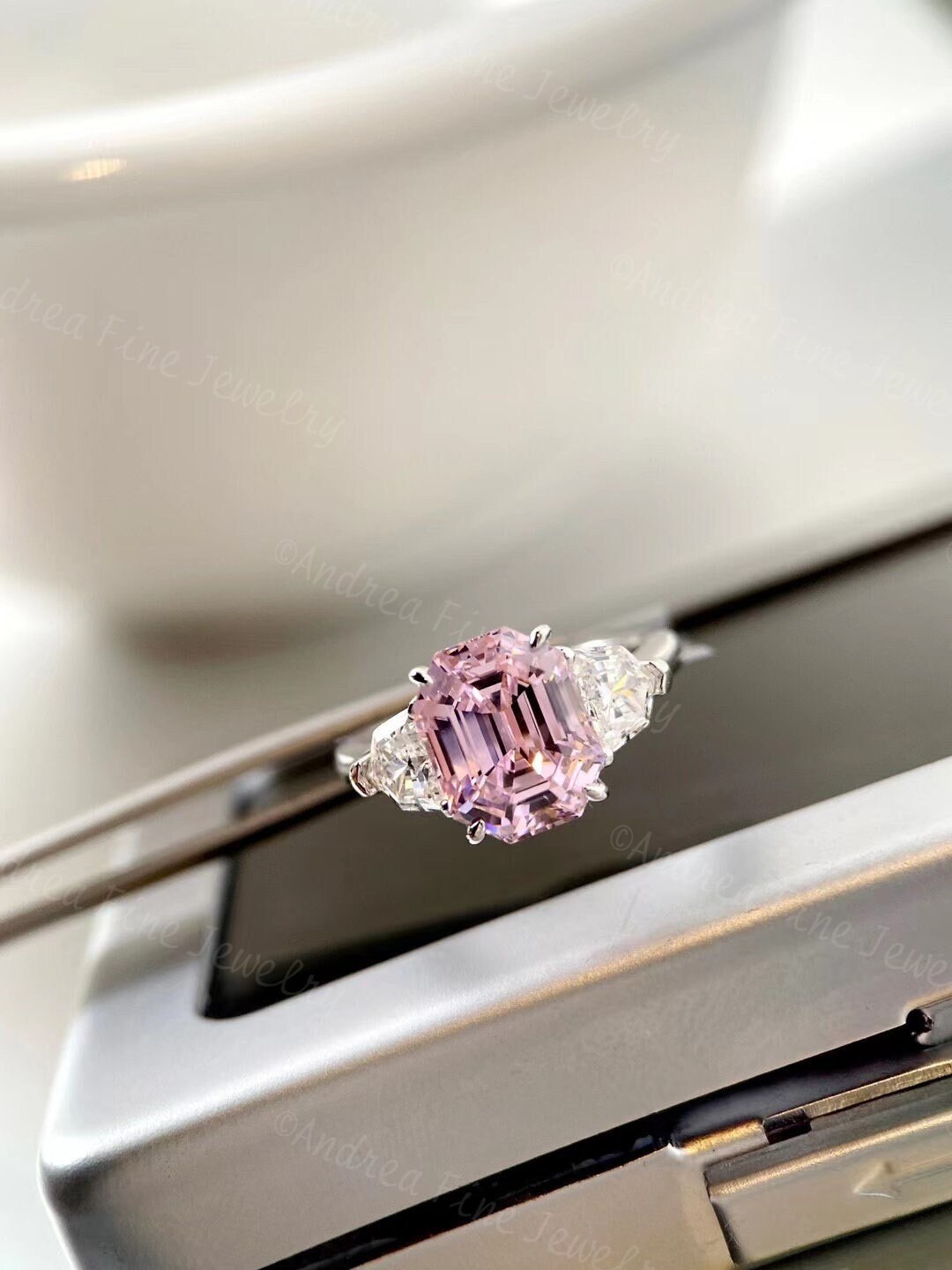 4ct Emerald Cut Fancy Pink Diamond Engagement Ring, 4 carats Diamond Simulant Anniversary Ring, Solitaire Three Stone, 3 Stone Diamond Ring