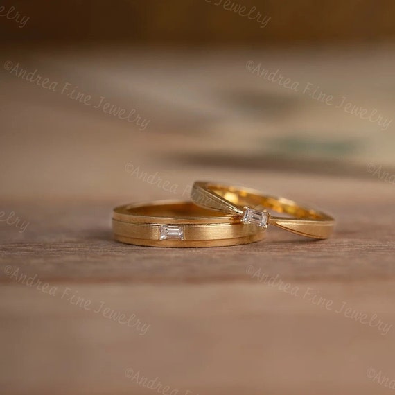 Baguette Diamond Couple Bands His and Hers Wedding Band Sets