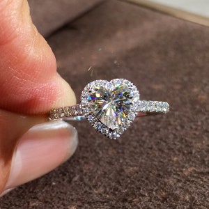 Heart Halo Engagement Rings, Love Heart Shaped Pave Diamond Ring, 2 Carat Promise Ring, 1 CT Anniversary Ring, 3 Carat Moissanite Ring