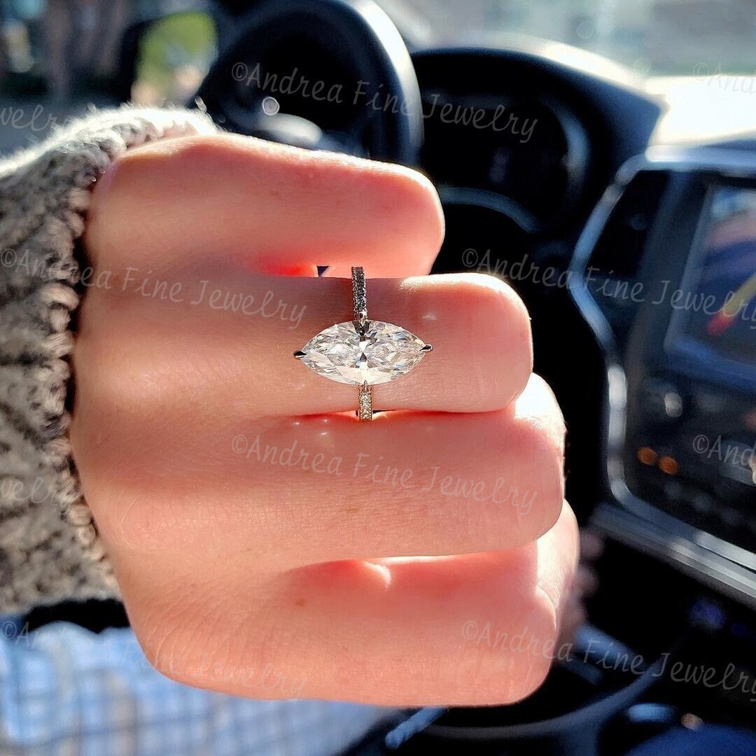 3 Carats Crushed Ice Marquise Cut Moissanite Hidden Halo Engagement Ring, 3ct Marquise Shape Solitaire, Minimalist Anniversary Paved Band
