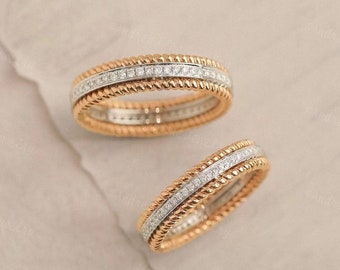 Full Diamond Eternity Ring, His And Hers Matching Rings Set, Minimalist Diamond Wedding Bands, Two Tone Engagement Rings, Anniversary Rings
