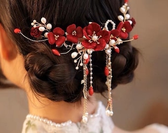 Chinese Gold Red Oriental Wedding Bridal Floral Hairpiece Hairpin Tea Ceremony Bridal Accessories hair decor for Chinese wedding