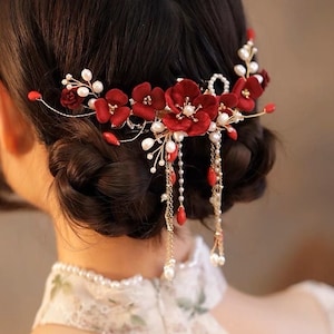 Chinese Gold Red Oriental Wedding Bridal Floral Hairpiece Hairpin Tea Ceremony Bridal Accessories hair decor for Chinese wedding