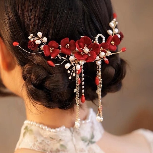 Chinese Gold Red Oriental Wedding Bridal Floral Hairpiece Hairpin Tea Ceremony Bridal Accessories hair decor for Chinese wedding