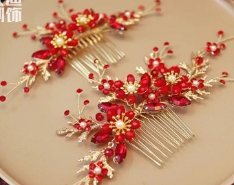 Chinese Gold Red Oriental Wedding Bridal Floral Hairpiece Hairpin Tea Ceremony Bridal Accessories hair decor for Chinese wedding