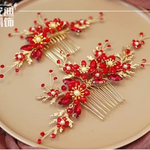 Chinesische Gold Rot Orientalische Hochzeit Braut Blumen Haarschmuck Haarnadel Tee-Zeremonie Braut-Accessoire Haardekor für chinesische Hochzeit