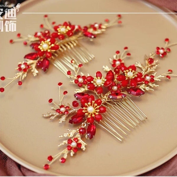 Chinese Gold Red Oriental Wedding Bridal Floral Hairpiece Hairpin Tea Ceremony Bridal Accessories hair decor for Chinese wedding