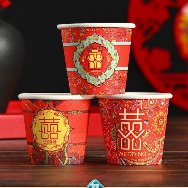 100 double happiness paper cups wedding decor bride and groom Chinese double happiness cups tools tea ceremony small size paper cups 1.5oz