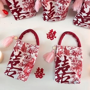 1/10/20/40/50 Borsa di caramelle per matrimonio cinese sposa e sposo Decorazione cinese della doppia felicità Cerimonia del tè per matrimonio asiatico Borsa in tessuto CNY Orientale