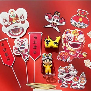 10 decorazioni per torte Buon compleanno Compleanno asiatico cinese Decorazione 3D Decorazione cupcake bandiera Decorazione per torta di compleanno