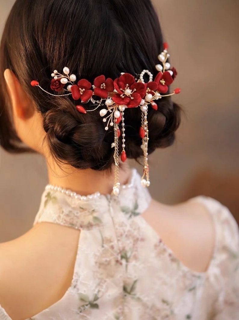 Chinese Gold Red Oriental Wedding Bridal Floral Hairpiece Etsy