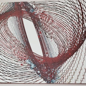 May include: Abstract painting with a white background and a red and black swirling design. The design is made up of thin lines that create a sense of movement and depth.