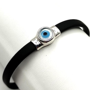 Handmade Greek Evil Eye Silver Bracelet with Rubber Cord