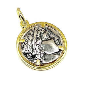Handmade Silver 925 Ancient Greek God Apollo Coin Two Tone Pendant