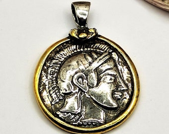 Greek Goddess Athena Coin Silver Two Tone Pendant