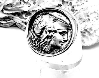Handmade Ancient Greek Athena Owl Coin Silver 925 Signet Ring