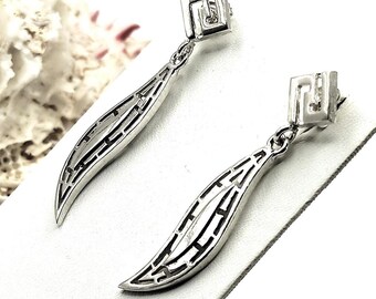 Boucles D'Oreilles Argent Massif 925 Méandre à Clé - Occasion Très Bon État