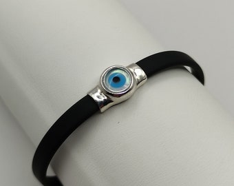 Handmade Greek Evil Eye Silver Bracelet with Rubber Cord