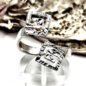 Ancient Greek Key Meander Sterling Silver 925 Hammered Ring For Women