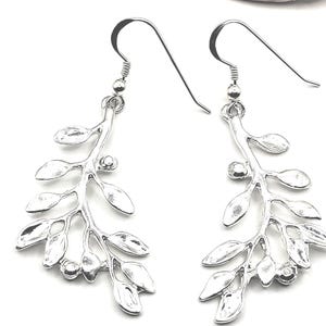 Olive Leaf Branch Silver Dangle Earrings for women