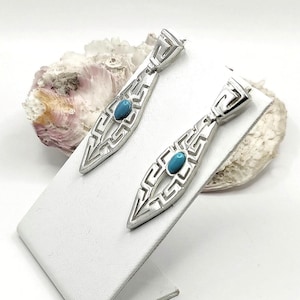 Greek Key Silver 925 Stud Earrings with Turquoise Stone