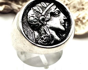 Handmade Athena Owl Athenian Tetradrachm Silver 925 Coin Signet Ring