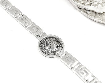 Handmade Greek Goddess Athena Coin Silver 925 Bracelet with Greek Key