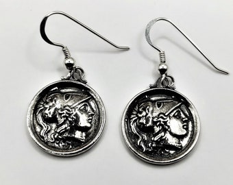 Greek Goddess Athena Coin Silver Dangle Earrings For Women