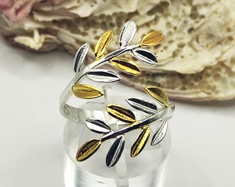 Handmade Sterling Silver 925 Olive Leaf Two Tone Ring For Women