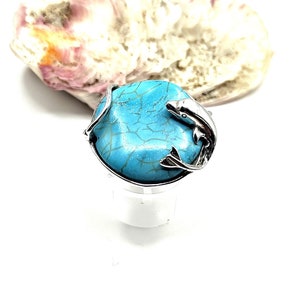 Handmade Silver 925 Greek Dolphin Ring For Women with Turquoise Stone