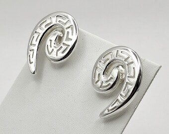 Meander Greek Key Silver Stud Earrings For Women